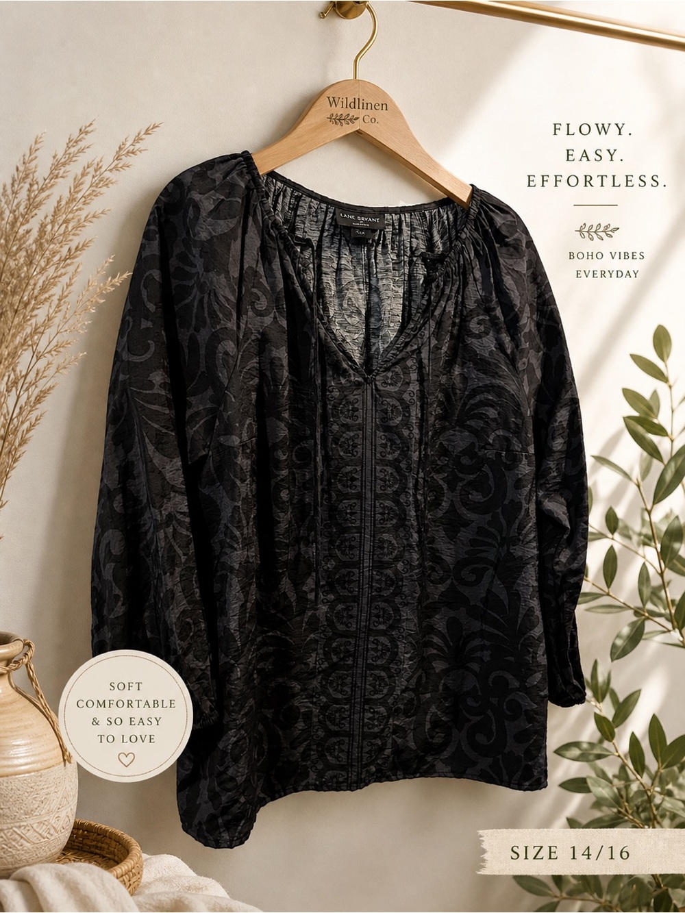 Lane Bryant Black Textured Boho Blouse